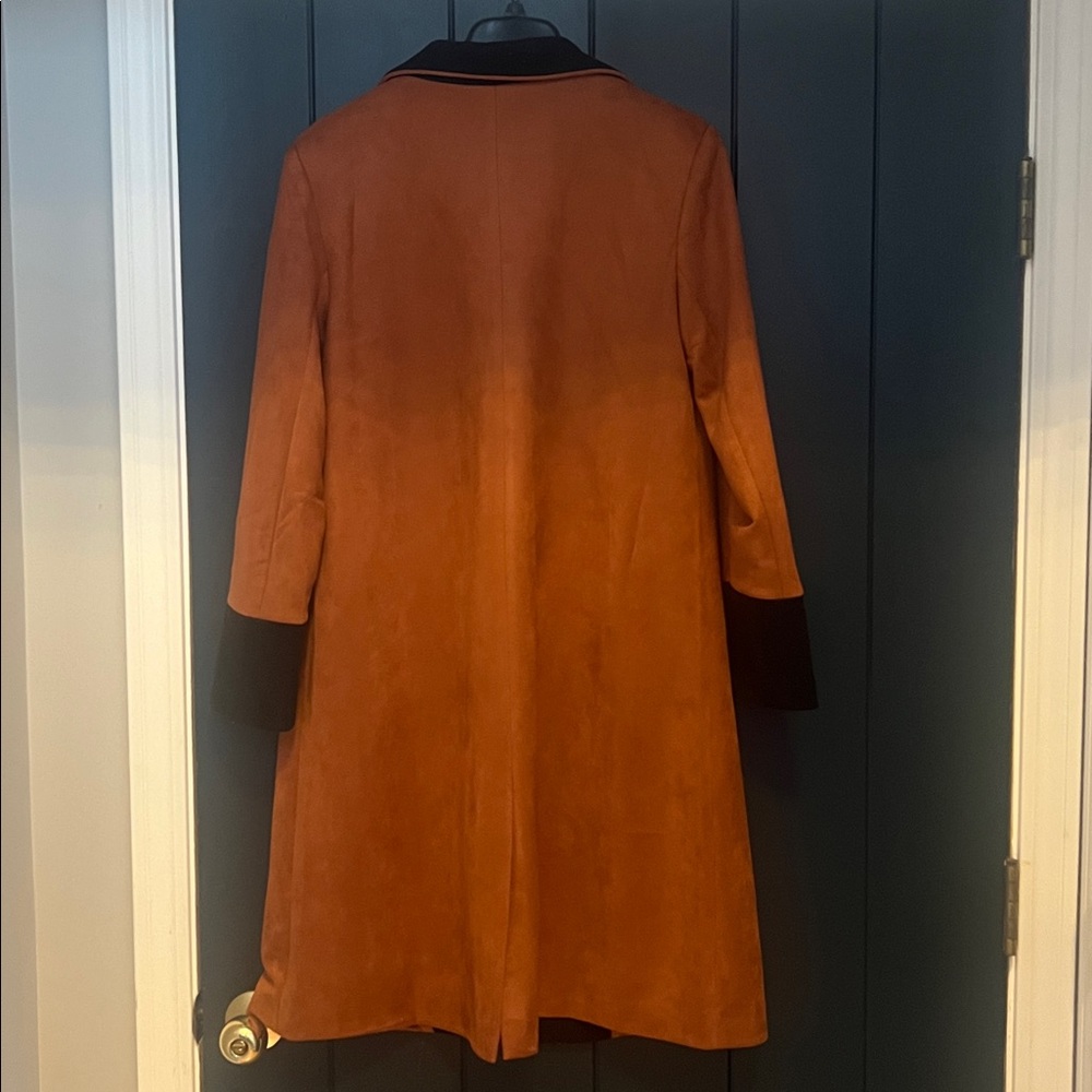 Women’s Suede Trench Coat with Black Trim - Rust - Picture 4 of 5